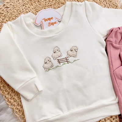 Conj. Blusa Moletom Carneirinhos e Calça Legging - Off White e Rose
